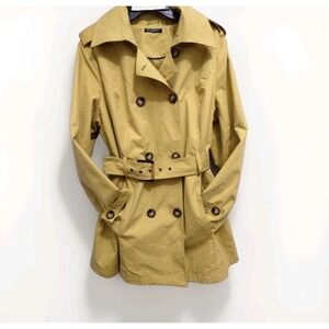 For Cynthia Trench Coat Women's Sz L Yellow Double Breasted Belted Preppy Grunge